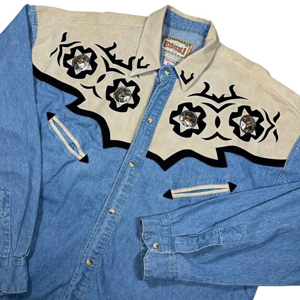 VTG Rivergold Western Denim Shirt XL Blue Concho Pearl Snap Faux Leather Yoke